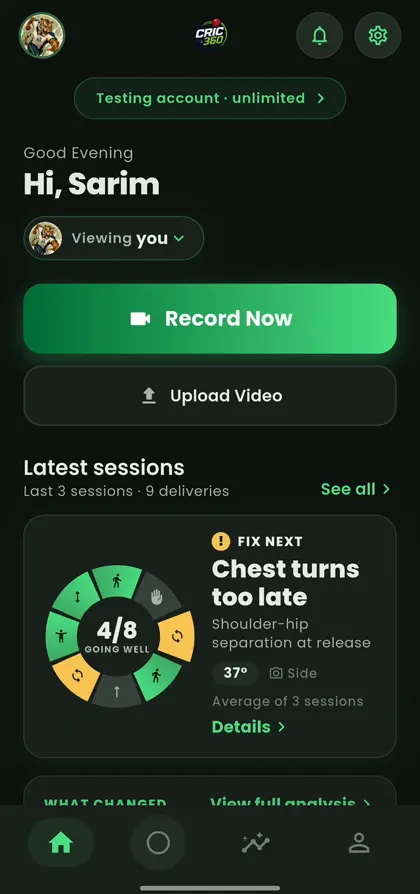 Cric 360 home screen with Record Now and the next thing to fix