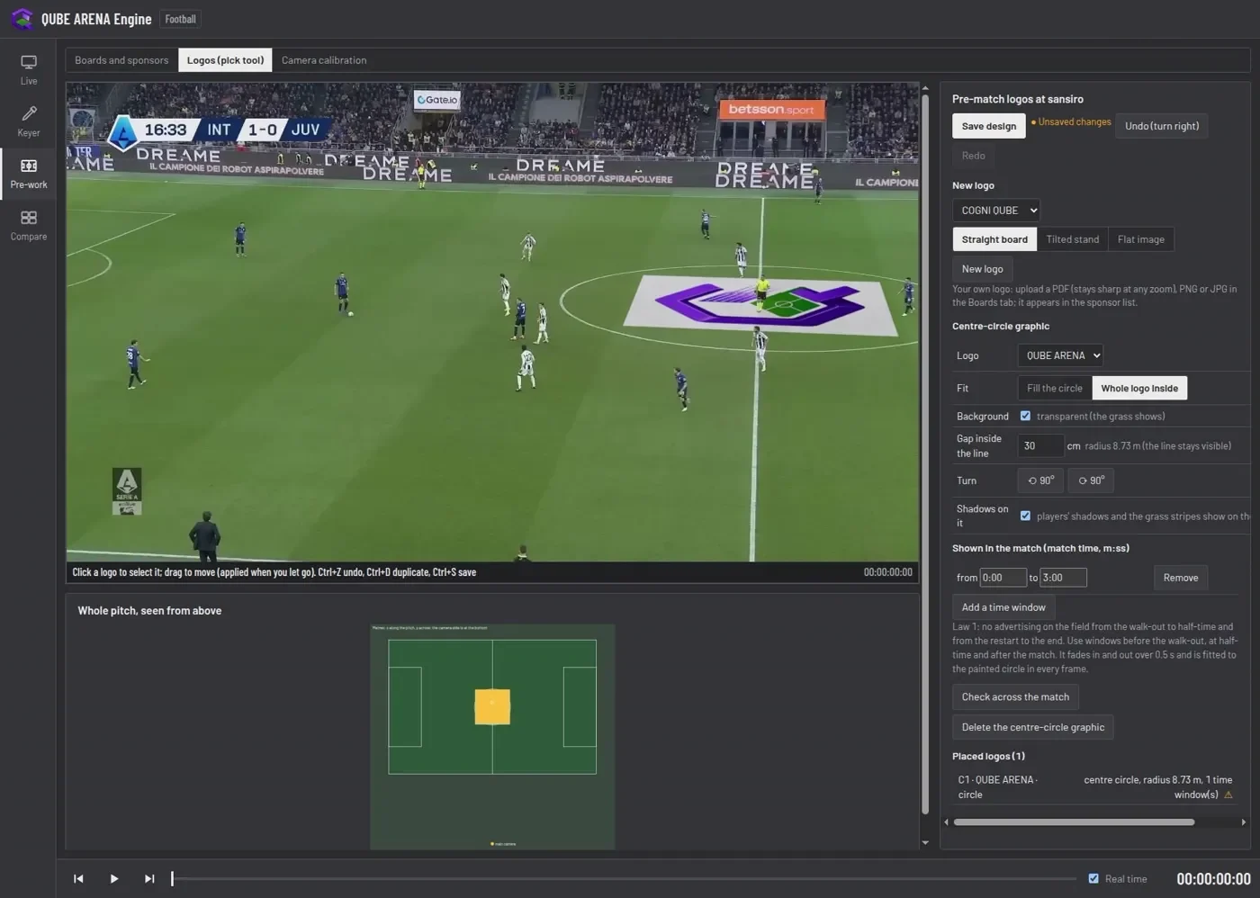 The Qube Arena Engine studio placing a logo in the centre circle of a football pitch